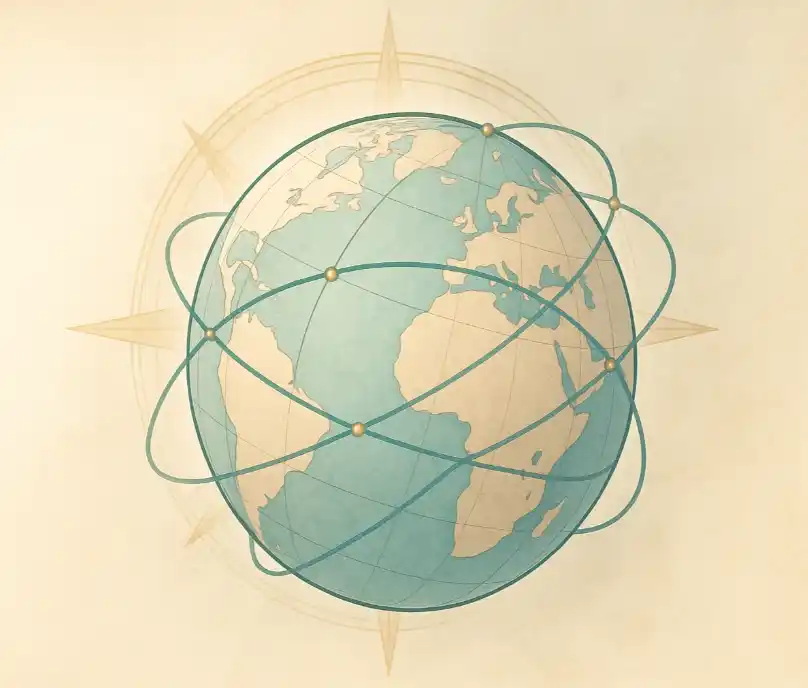 Stylised astrocartography world map with muted-teal planetary lines